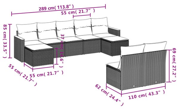 VidaXL 9 db szürke polyrattan kerti kanapégarnitúra párnákkal