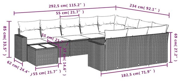 VidaXL 11 db barna polyrattan kerti kanapégarnitúra párnákkal