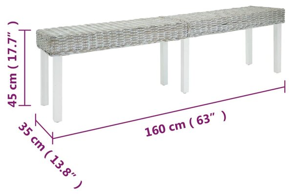 Fehér natúr kubu rattan és tömör mahagóni fa pad 160 x 35 x 45 cm