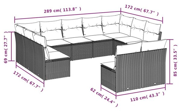 VidaXL 11 db barna polyrattan kerti kanapégarnitúra párnákkal