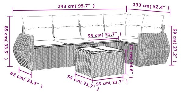 VidaXL 6 db fekete polyrattan kerti kanapégarnitúra párnákkal
