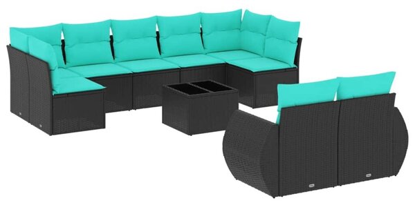 VidaXL 10 db fekete polyrattan kerti kanapégarnitúra párnákkal