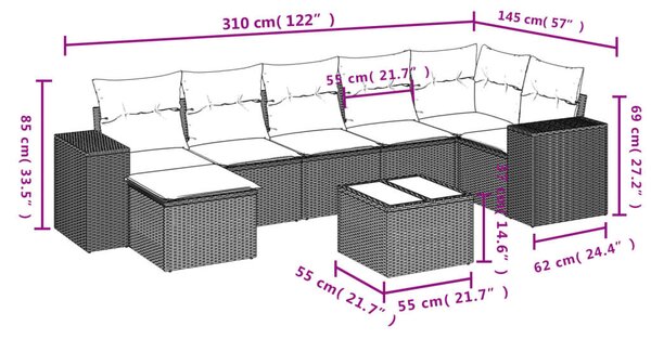 VidaXL 8 db fekete polyrattan kerti kanapégarnitúra párnákkal