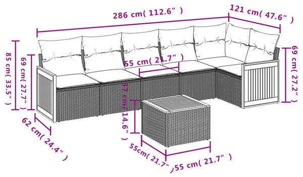 VidaXL 7 db szürke polyrattan kerti kanapégarnitúra párnákkal