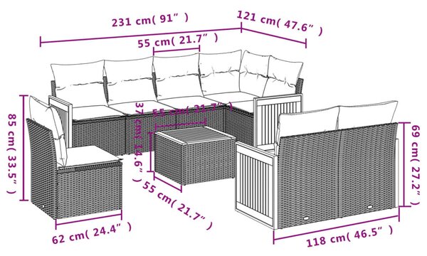 VidaXL 9 db szürke polyrattan kerti kanapégarnitúra párnákkal
