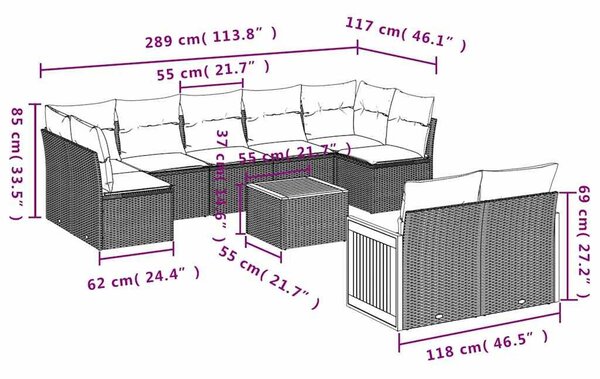 VidaXL 10 db fekete polyrattan kerti kanapégarnitúra párnákkal