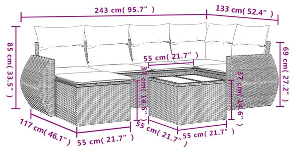 VidaXL 7 db fekete polyrattan kerti kanapégarnitúra párnákkal