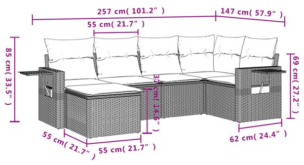 VidaXL 6 db barna polyrattan kerti kanapégarnitúra párnákkal