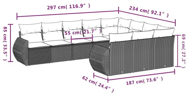 VidaXL 10 db fekete polyrattan kerti kanapégarnitúra párnákkal