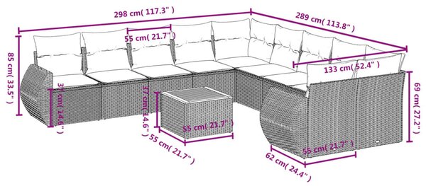 VidaXL 11 db szürke polyrattan kerti kanapégarnitúra párnákkal