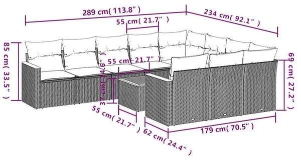 VidaXL 11 db fekete polyrattan kerti kanapégarnitúra párnákkal