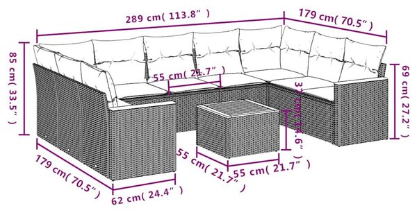 VidaXL 10 db fekete polyrattan kerti kanapégarnitúra párnákkal