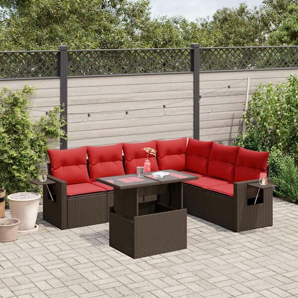 VidaXL 7 db barna polyrattan kerti kanapégarnitúra párnákkal