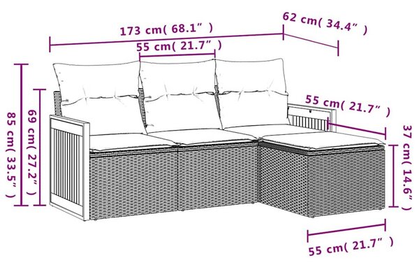 VidaXL 4 db fekete polyrattan kerti kanapégarnitúra párnákkal