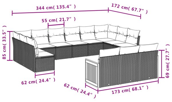 VidaXL 13 db szürke polyrattan kerti kanapégarnitúra párnákkal