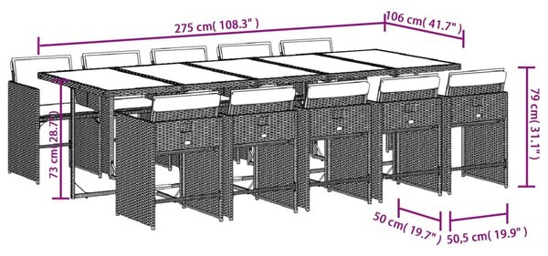 VidaXL 11 db szürke polyrattan kerti étkezőgarnitúra párnákkal