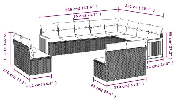 VidaXL 12 db szürke polyrattan kerti kanapégarnitúra párnákkal