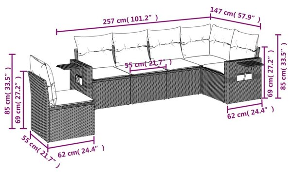 VidaXL 6 db fekete polyrattan kerti kanapégarnitúra párnákkal