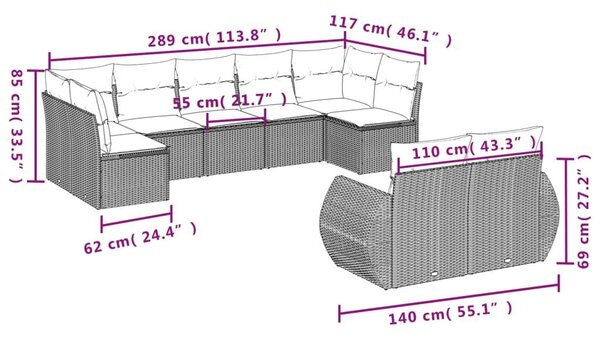 VidaXL 9 db fekete polyrattan kerti kanapégarnitúra párnákkal