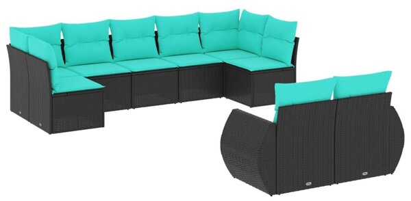 VidaXL 9 db fekete polyrattan kerti kanapégarnitúra párnákkal