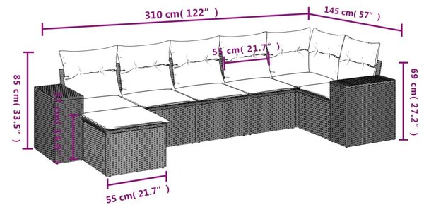 VidaXL 7 db barna polyrattan kerti kanapégarnitúra párnákkal