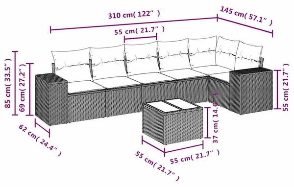 VidaXL 7 db szürke polyrattan kerti kanapégarnitúra párnákkal