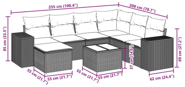 VidaXL 8 db szürke polyrattan kerti kanapégarnitúra párnákkal