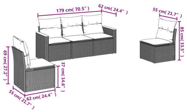 VidaXL 5 db fekete polyrattan kerti kanapégarnitúra párnákkal