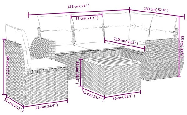 VidaXL 6 db fekete polyrattan kerti kanapégarnitúra párnákkal