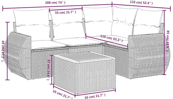 VidaXL 5 db fekete polyrattan kerti kanapégarnitúra párnákkal