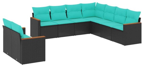 VidaXL 9 db fekete polyrattan kerti kanapégarnitúra párnákkal