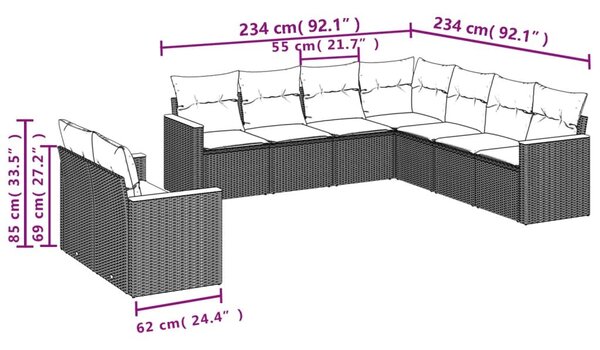 VidaXL 9 db fekete polyrattan kerti kanapégarnitúra párnákkal