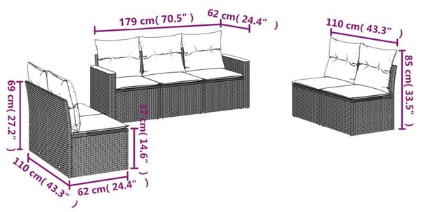 VidaXL 7 db szürke polyrattan kerti kanapégarnitúra párnákkal