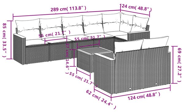 VidaXL 9 db fekete polyrattan kerti kanapégarnitúra párnákkal
