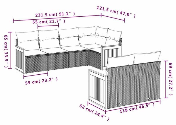 VidaXL 7 db fekete polyrattan kerti kanapégarnitúra párnákkal