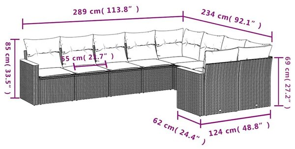 VidaXL 9 db fekete polyrattan kerti kanapégarnitúra párnákkal