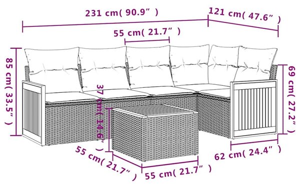 VidaXL 6 db szürke polyrattan kerti kanapégarnitúra párnákkal