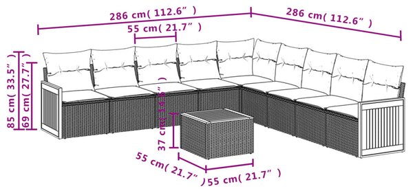 VidaXL 10 db fekete polyrattan kerti kanapégarnitúra párnákkal