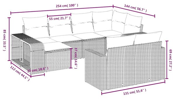 VidaXL 10 db fekete polyrattan kerti kanapégarnitúra párnákkal