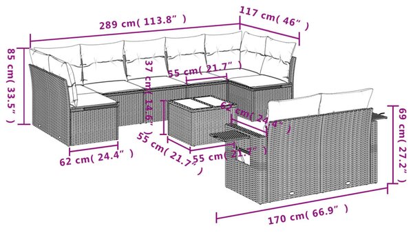VidaXL 10 db barna polyrattan kerti kanapégarnitúra párnákkal