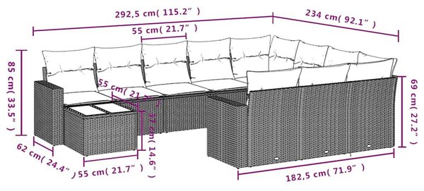 VidaXL 11 db fekete polyrattan kerti kanapégarnitúra párnákkal