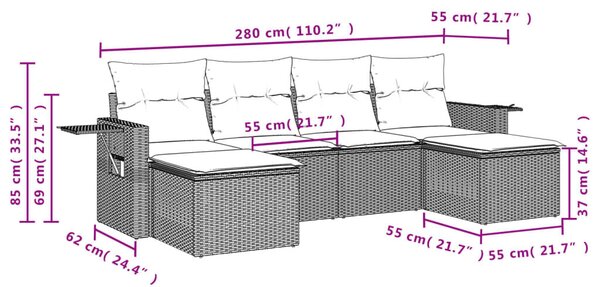 VidaXL 6 db barna polyrattan kerti kanapégarnitúra párnákkal