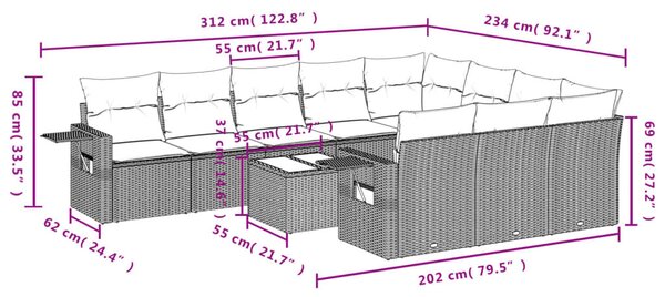 VidaXL 11 db barna polyrattan kerti kanapégarnitúra párnákkal