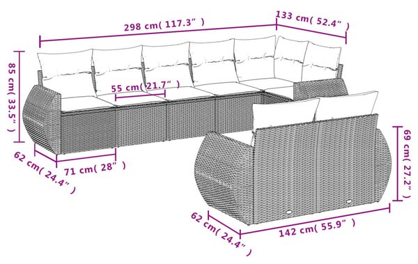 VidaXL 8 db barna polyrattan kerti kanapégarnitúra párnákkal