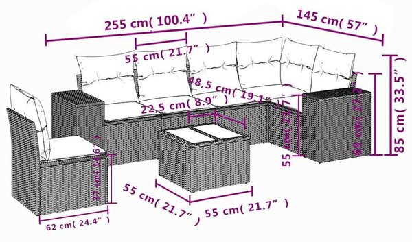 VidaXL 7 db fekete polyrattan kerti kanapégarnitúra párnákkal