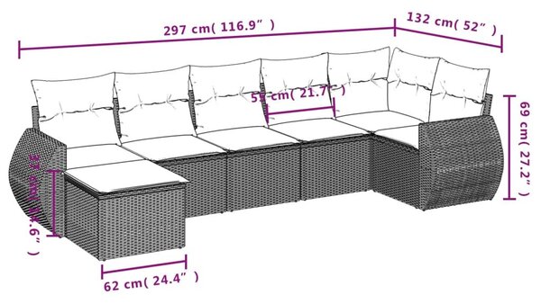 VidaXL 7 db fekete polyrattan kerti kanapégarnitúra párnákkal