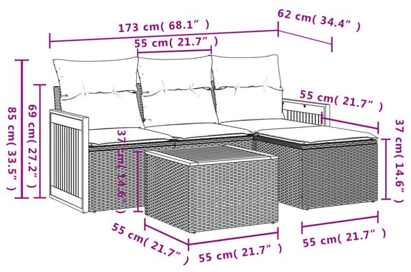 VidaXL 5 db fekete polyrattan kerti kanapégarnitúra párnákkal