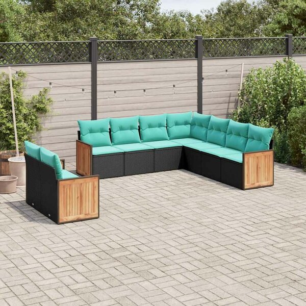 VidaXL 9 db fekete polyrattan kerti kanapégarnitúra párnákkal