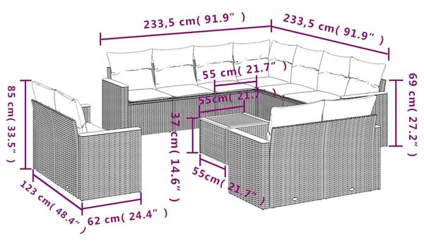 VidaXL 12 db fekete polyrattan kerti kanapégarnitúra párnákkal