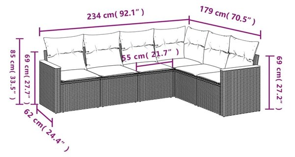 VidaXL 6 db szürke polyrattan kerti kanapégarnitúra párnákkal